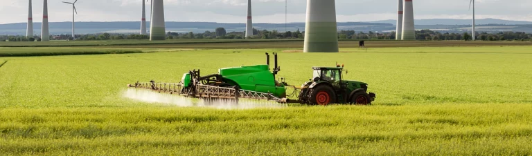 Traktor på fält och sprutar växtskyddsmedel på grön åker. I bakgrunden syns flera stora vindkraftverk.
