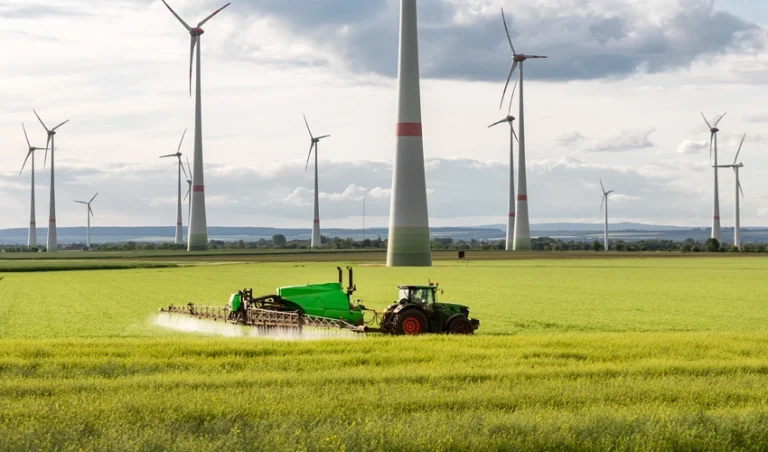Traktor sprutar växtskydd på grönt fält.